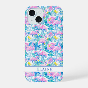 Coque iPhone 15 Flamants roses monogrammes aquarelle