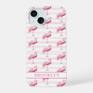 Coque iPhone 15 Flamants sur rayures à l'aquarelle monogrammées