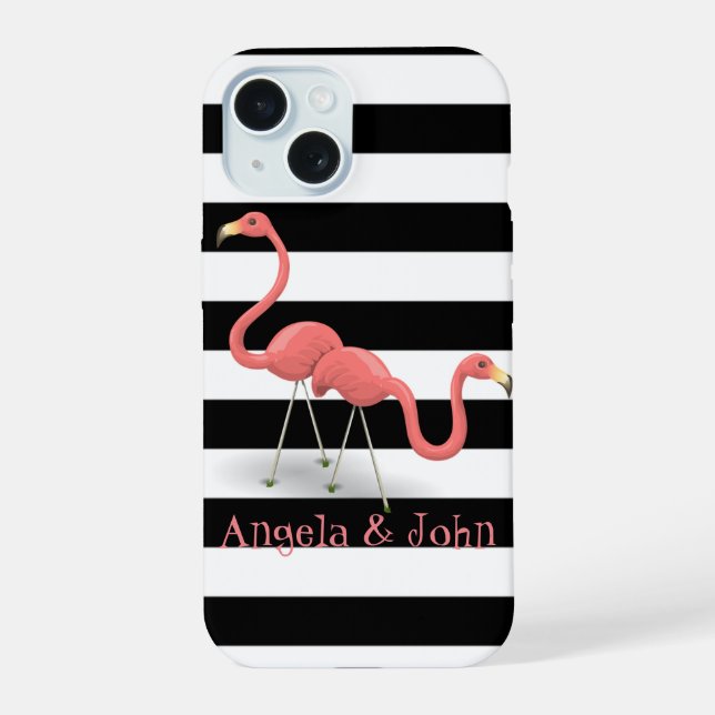 Coque iPhone 15 Flamingos Mignons, Rayures Noires et Blanches Pers (Verso)