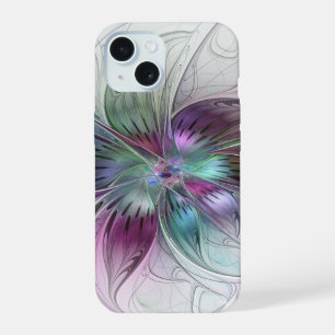 Coque iPhone 15 Fleur abstraite colorée Art fractal floral moderne