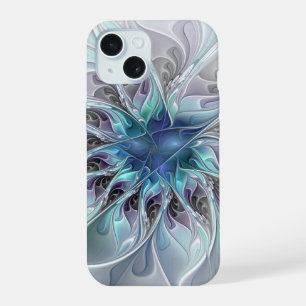 Coque iPhone 15 Fleur Abstraite Fractale Moderne Avec Bleu