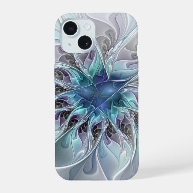 Coque iPhone 15 Fleur Abstraite Fractale Moderne Avec Bleu (Verso)