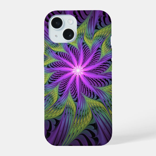 Coque iPhone 15 Fleur Abstraite Moderne Fractale Art Violet Vert (Verso)
