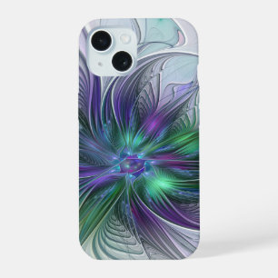 Coque iPhone 15 Fleur Abstraite Moderne Fractale Verte Violette