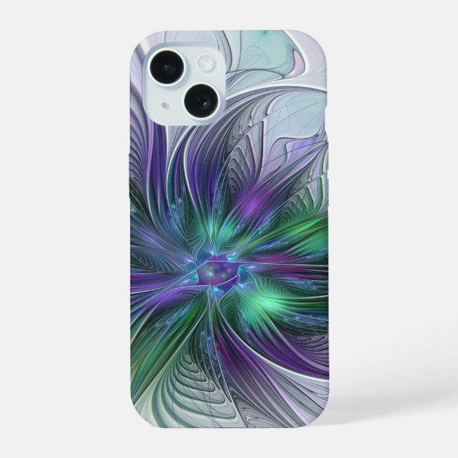 Coque iPhone 15 Fleur Abstraite Moderne Fractale Verte Violette (Verso)