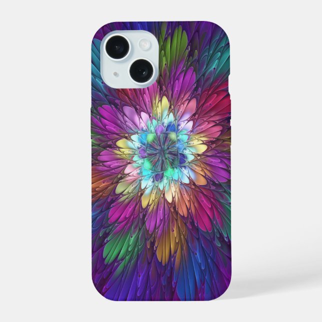 Coque iPhone 15 Fleur Abstraite Psychedéliques Colorée Art Fractal (Verso)
