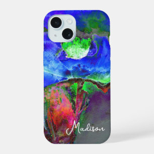 Coque iPhone 15 Fleur bleue abstraite coquelicot aquarelle pop