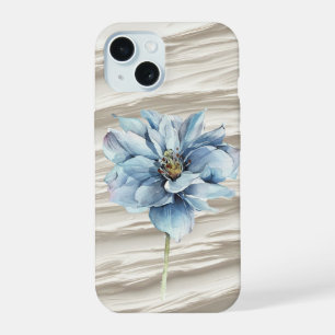 Coque iPhone 15 Fleur Bleue Sur Texture D'Ivoire Abstrait