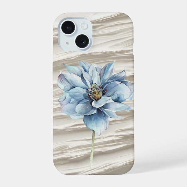 Coque iPhone 15 Fleur Bleue Sur Texture D'Ivoire Abstrait (Verso)
