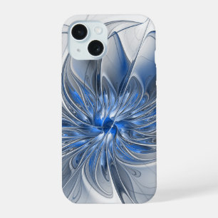 Coque iPhone 15 Fleur d'art fractal à l'aquarelle bleue grise abst