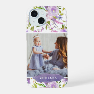 Coque iPhone 15 Fleur de lilas Photo et monogramme