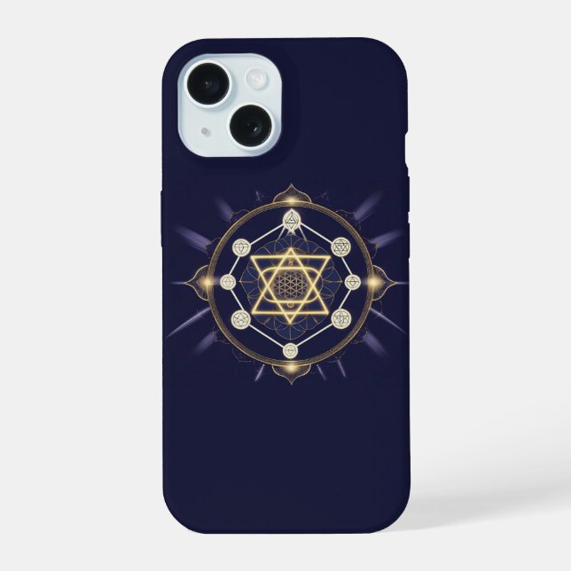 Coque iPhone 15 Fleur de l'Infini — Géométrie Sacrée Céleste (Verso)