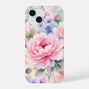 Coque iPhone 15 Fleur de pivoine à l'aquarelle