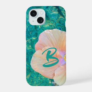 Coque iPhone 15 Fleur d'hibiscus rose eau turquoise tropicale