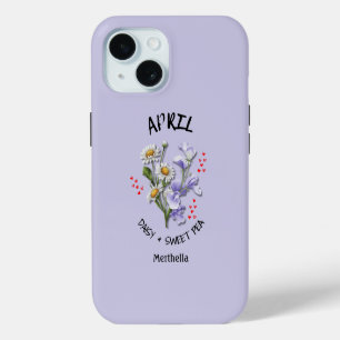 Coque iPhone 15 Fleur du mois de naissance AVRIL Lilas Nom personn