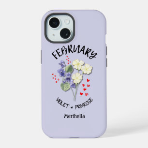 Coque iPhone 15 Fleur du mois de naissance FÉVRIER Lilas Nom perso