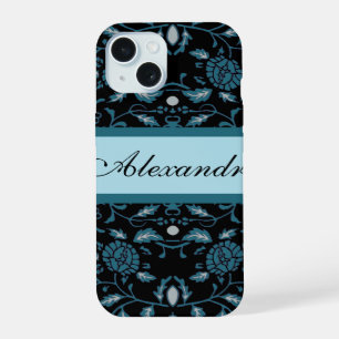 Coque iPhone 15 Fleur élégante Noir et Turquoise Damas