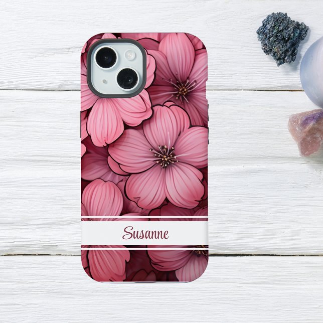 Coque iPhone 15 Fleur florale à fleurs roses personnalisables (Créateur téléchargé)