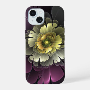 Coque iPhone 15 Fleur fractale grise pourpre moderne abstraite