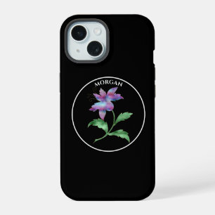 Coque iPhone 15 Fleur iridescente, cercle noir sur fond noir, nom
