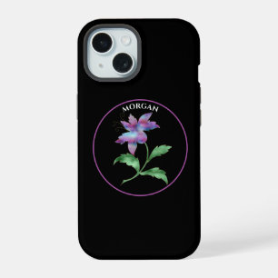 Coque iPhone 15 Fleur iridescente, Cercle Violet sur Fond Noir, No