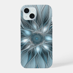 Coque iPhone 15 Fleur Joyeuse Abstrait gris bleu floral Fractal