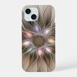 Coque iPhone 15 Fleur joyeuse abstraite beige marron floral fracta