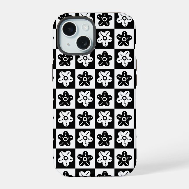 Coque iPhone 15 Fleur pointillée noir blanc (Verso)