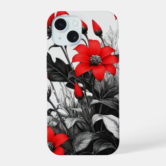 Coque iPhone 15 Fleur rouge sur Plante noir blanc