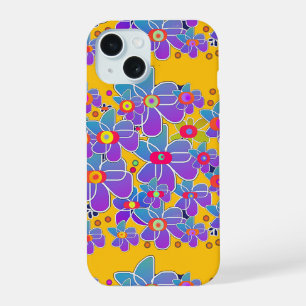 Coque iPhone 15 Fleur violette bleue Éclatement jaune