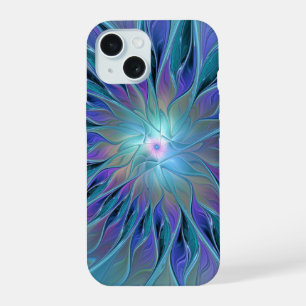 Coque iPhone 15 Fleur Violette Bleue Rêve Abstrait Art Fractal