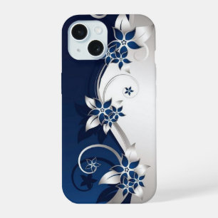 Coque iPhone 15 Fleurs 3D bleues et blanches