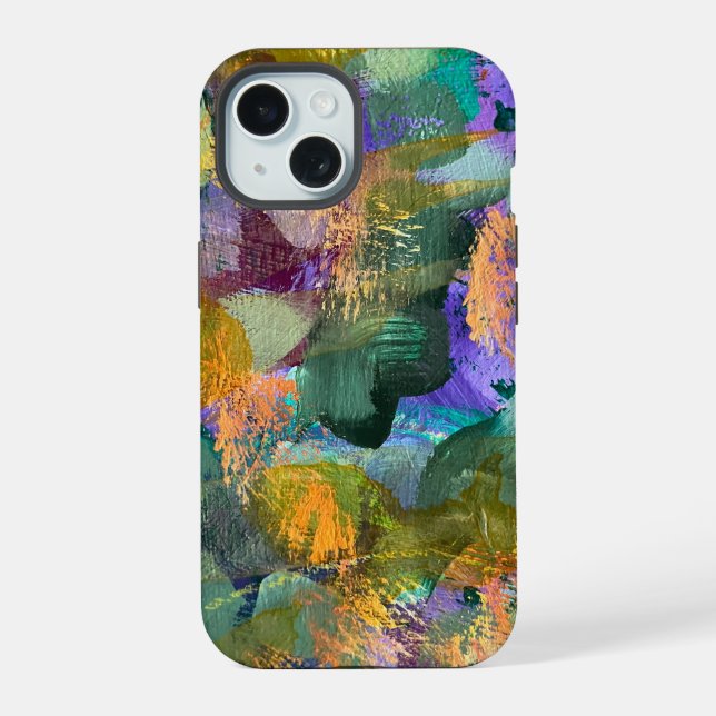 Coque iPhone 15 Fleurs abstraites vertes et violettes (Verso)