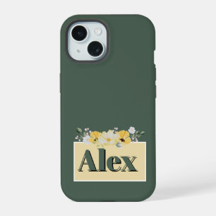 Coque iPhone 15 Fleurs aquarelles modernes & fond vert