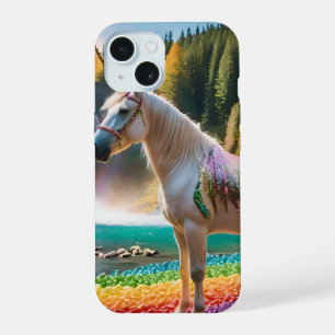 Coque iPhone 15 Fleurs Arc-en-ciel Licorne Arbres Verts Cascade La