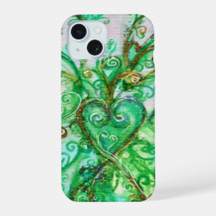Coque iPhone 15 FLEURS BLANCHES vert turquoise clair blanc