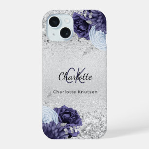 Coque iPhone 15 Fleurs bleu marine argent élégant monogramme nom