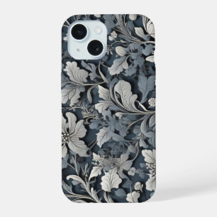 Coque iPhone 15 Fleurs bleues poussiéreuses élégantes argentées gr