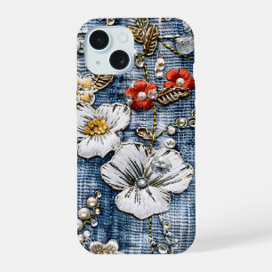 Coque iPhone 15 Fleurs brodées rouges et blanches sur denim