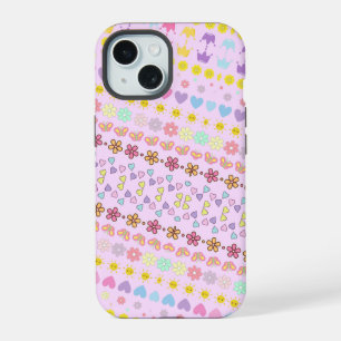 Coque iPhone 15 Fleurs Colorées Soleil & Motifs de Cœurs, Floral R