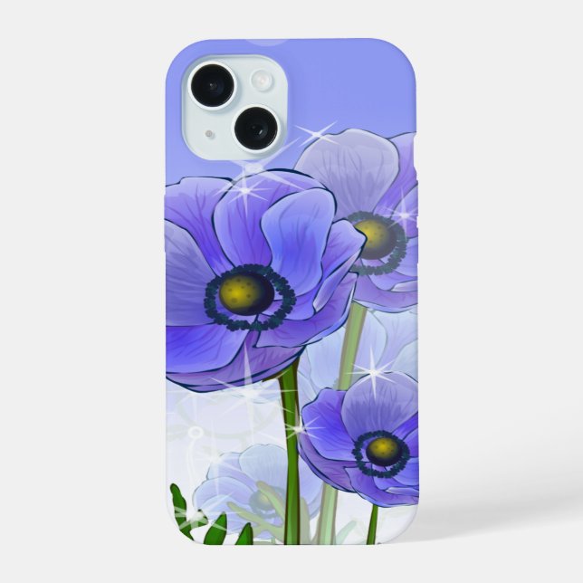 Coque iPhone 15 Fleurs d'anémone bleu violet (Verso)