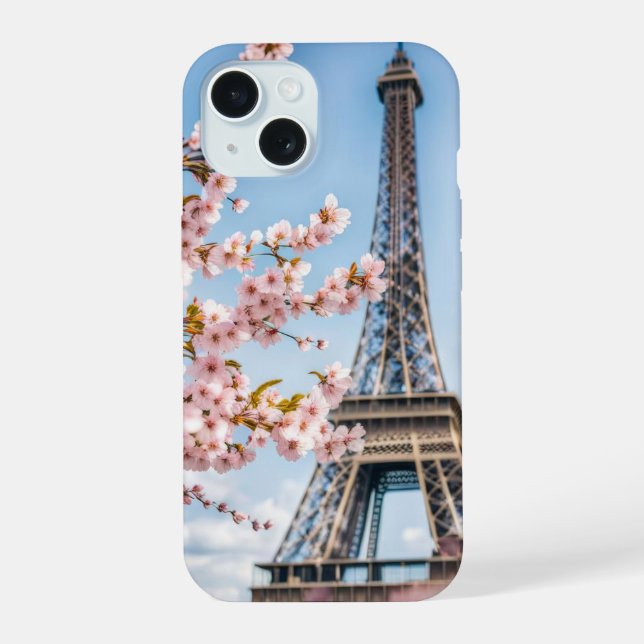Coque iPhone 15 Fleurs de cerisier et serviette Eiffel (Verso)