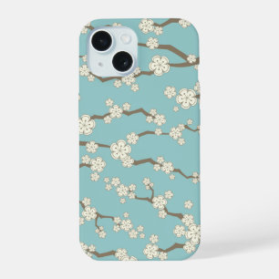 Coque iPhone 15 Fleurs de cerisier Sakura Cream Zen sur fond bleu