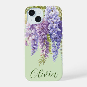 Coque iPhone 15 Fleurs de glycine en aquarelle violette botanique