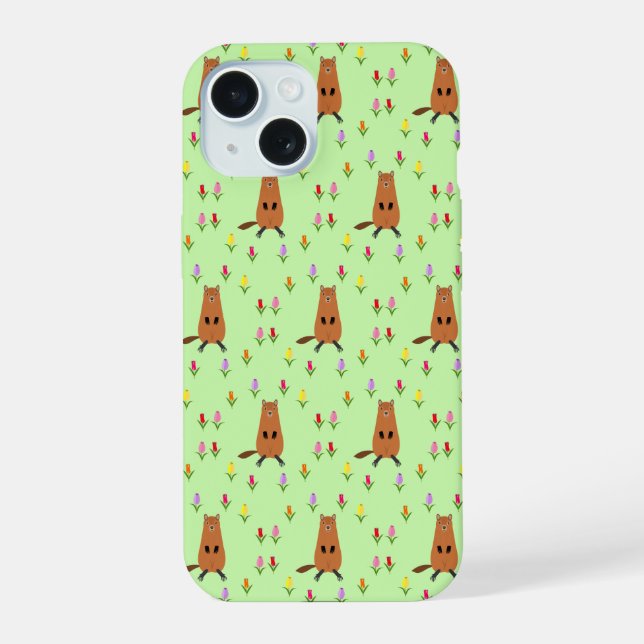 Coque iPhone 15 Fleurs de marmotte et de tulipe mignonnes (Verso)