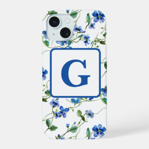 Coque iPhone 15 fleurs de myosotis à l'aquarelle Monogramme