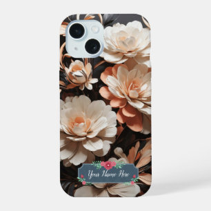 Coque iPhone 15 Fleurs de pêche abstraites modernes sur fond noir