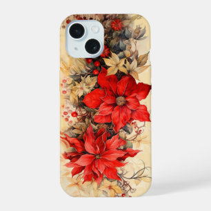 Coque iPhone 15 Fleurs de poinsettia de Noël vintage
