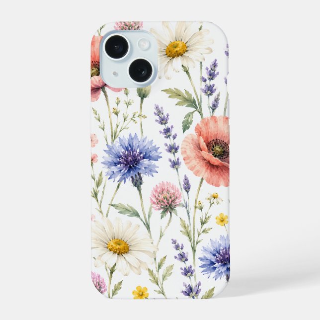 Coque iPhone 15 Fleurs de Prairie Fleurie Aquarelle (Verso)