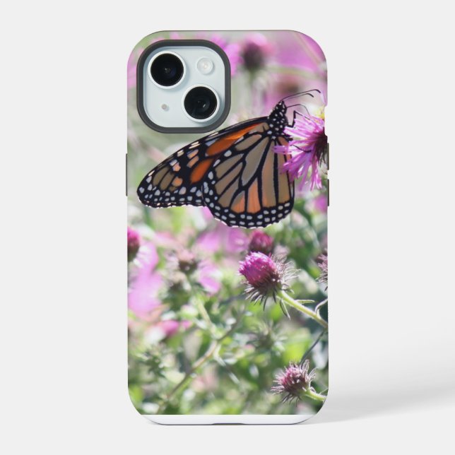 Coque iPhone 15 Fleurs de prés papillons et violets (Verso)